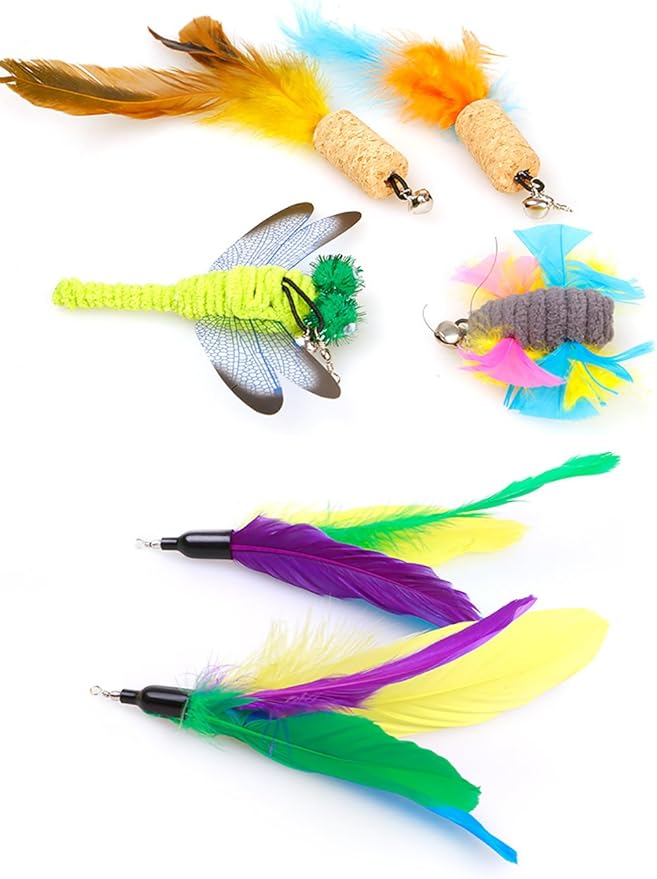 2 Pcs Cat Toys Interactive Refill Replacement Feather Pack Furry Tail Butterfly Dragonfly Fish Mouse Caterpillar Worm Birds Feathers for Kitten Cats CT15-11 Brown Long Feather