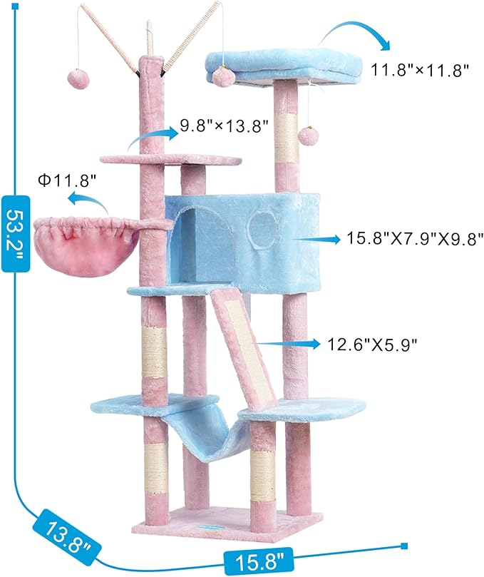 Hey-brother Cat Tree, 53 inch Cat Tower for Indoor Cats, Cat House with Padded Platform Bed, Toy Balls, Large Cozy Condo, Hammocks and Sisal Scratching Posts,Blue and Pink MPJ019SBP