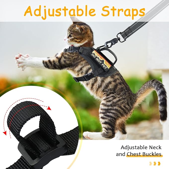 Tactical Cat Harness for Walking, Adjustable Escape Proof Pet Vest for Large Cat,Easy Control Breathable Cat Vest with Handle，Molle Patches (Black, L)