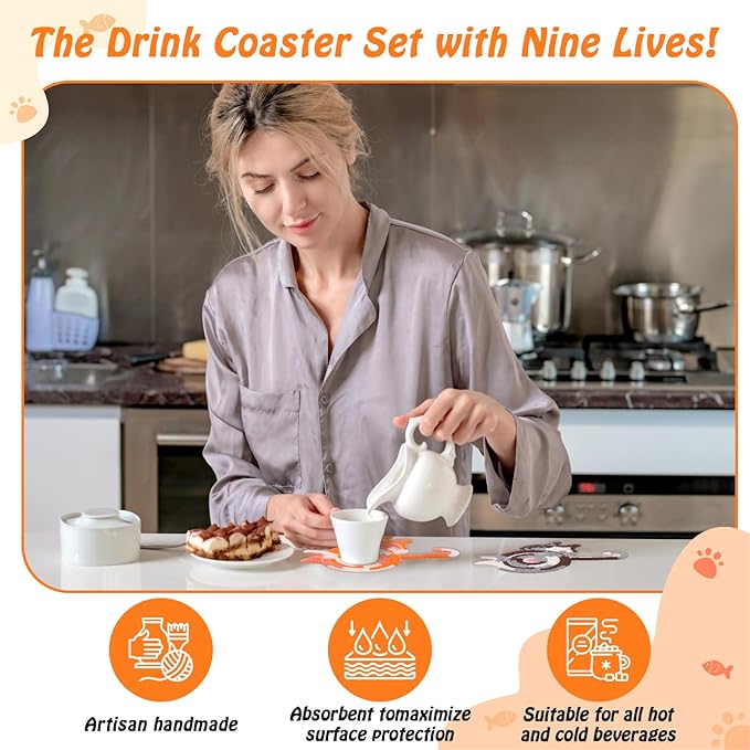 4Pcs Cute Coasters: Crochet Cat Gifts, Cute & Funny Coasters for Coffee & Tea Desk Gifts (4 Pack)