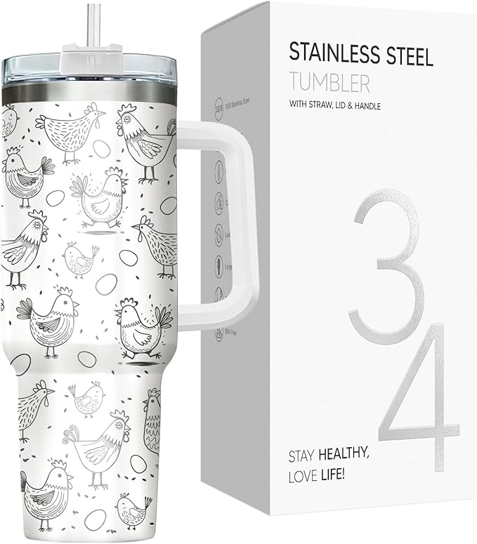 34HD Crazy Chicken Lady Tumbler with Handle and Straw, 40oz Engraved Mama Hen Coffee Mug with Lid, Funny Chicken Gifts for Girls Women on Birthday Mothers Day Christmas