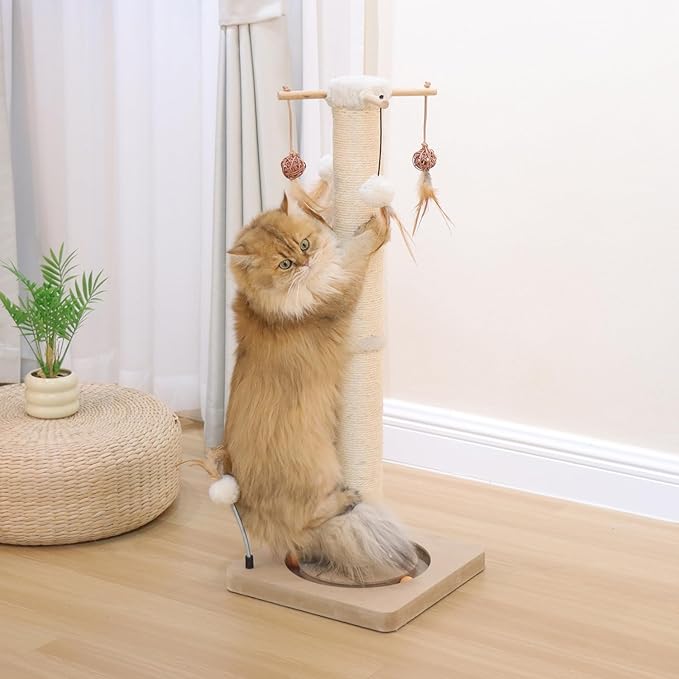 PEEKAB Cat Scratching Post 33 Inches Tall Large Sisal Scratch Post with Track Ball Toys for Indoor Cats and Kittens,Cat Scratcher Toy Beige