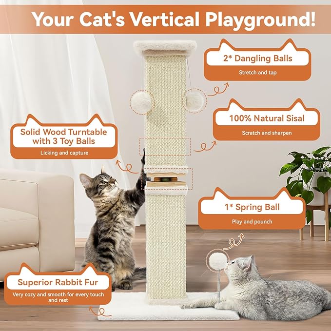 OTOB Cat Scratching Post 33 Inch, Nature Sisal Scratching Posts for Indoor Cats Adults Kitten, 6-in-1 Interactive Turntable Cat Scratch Post Protect Your Furniture, Large Cat Scratcher, Beige