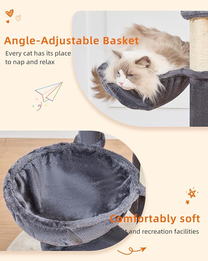 Taoqimiao Cat Tree, 51-Inch Cat Tower for Kittens, Cat Tree Tower with 5 Scratching Posts, Plush Cat Condo with Plush Perch, 2 Hammock, Pompoms, Smoky Gray MS019XL-G