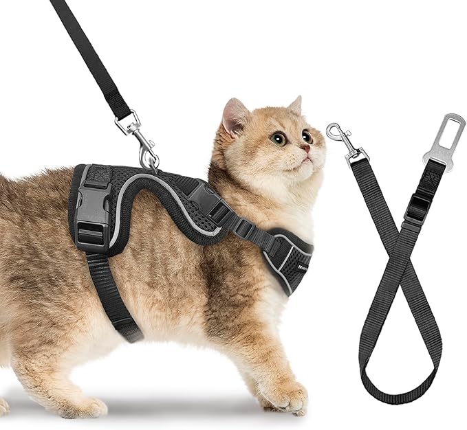 Cat Harness and Leash Set, Cat Car Harness, Soft and Breathable Vest with Reflective Strip, Anti Escape Adjustable Cat Harness, Easy to Wear for Cats Walking and Traveling, Black, M