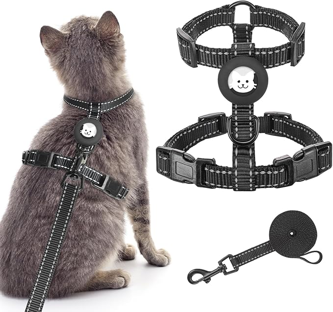 BINGPET Cat Harness and Leash Set Escape Proof for Walking,Adjustable Kitten Harness with Airtag Holder for Small Medium Large Cats,Easy Control Soft Harness with Reflective Stripes(Black Reflective)