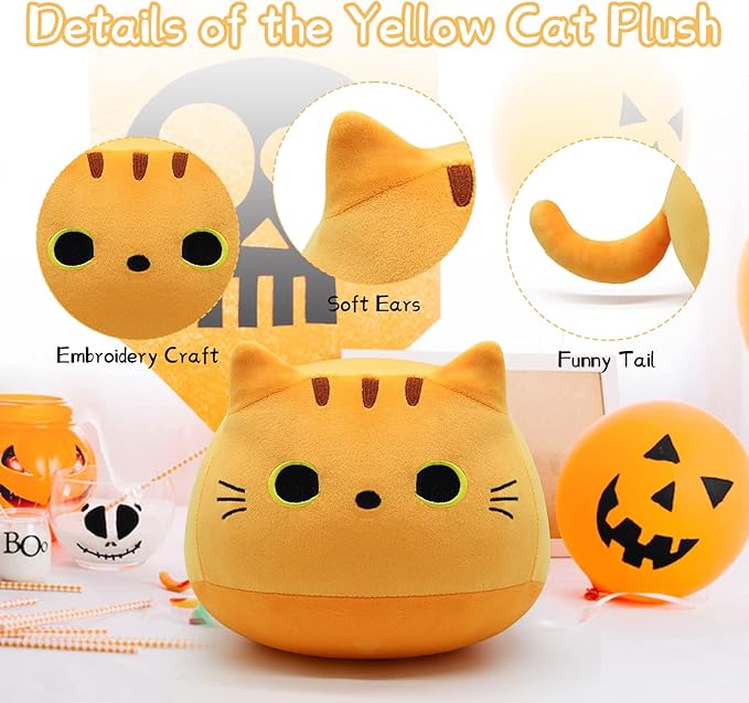 9" Kawaii Yellow Fat Cat Plush Pillow Toy, Soft Stuffed Animal for Kids, Birthday, Christmas, Home Decoration