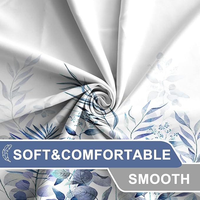 AWERT Shower Curtain Plants for Bathroom,Waterproof Quick-Drying Blue Leaves Shower Curtain Set with Hooks 72x72 Inch