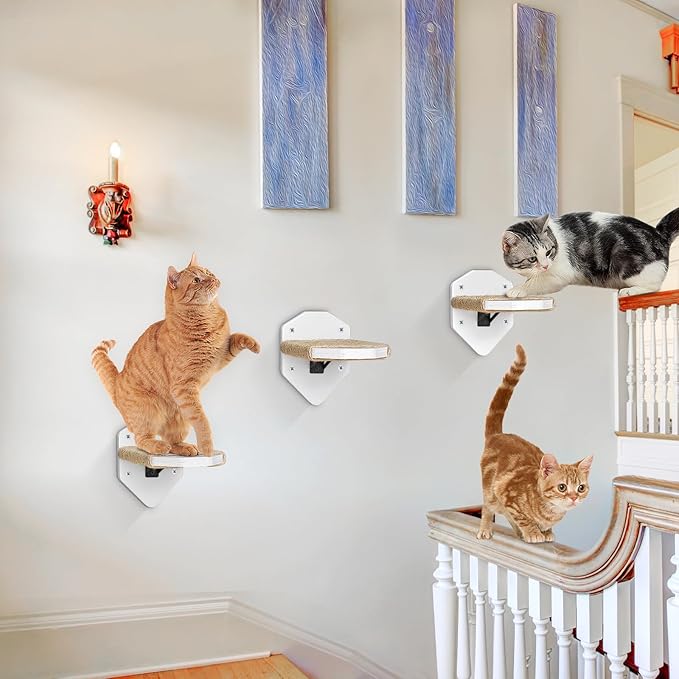 3-Pcs Cat Shelves Wall Mounted, Cat Wall Shelves Climbing Steps, Cat Shelves and Perches for Wall, Cat Wall Furniture with Sisal Rope, Cat Climbing Shelves Cat Wall Steps for Indoor Kitty, Cats(White)