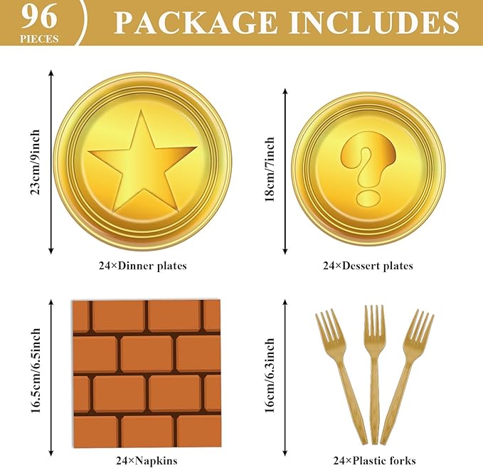 96 Pcs Super Brothers Party Supplies Game Theme Party Plates and Napkins Video Game Theme Tableware Set Decor Party Decorations for Birthday Baby Shower Party Favors for 24 Guests
