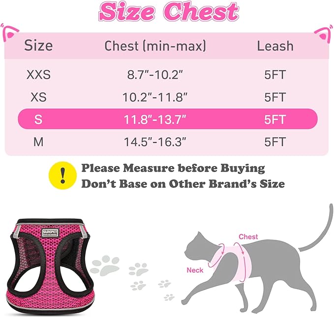 Cat Harness and Leash for Walking Escape Proof, Adjustable Kitten Vest Harness Reflective Soft Mesh Puppy Harness for Outdoor, Comfort Fit, Easy to Control (Pink, S)