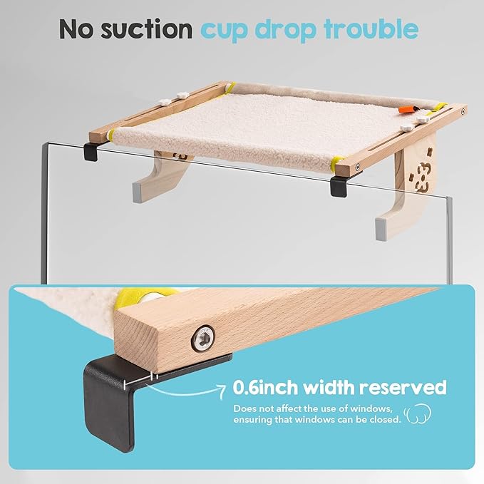 MEWOOFUN Sturdy Cat Window Perch Hammock Bed with Wood & Metal Frame for Cats Easy to Assemble for Windowsill, Bedside, Drawer and Cabinet More (Beige, M-22"x 14.5"x 6.7")