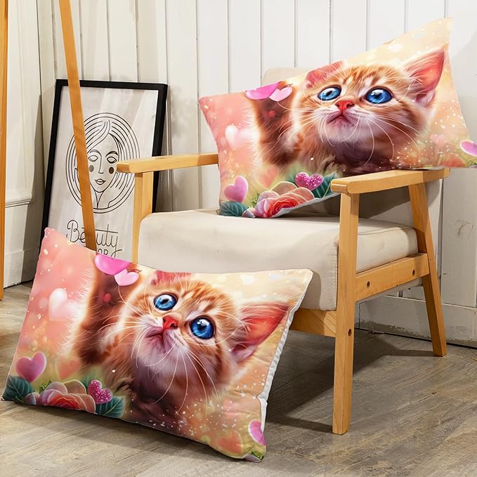 AILONEN Cat Comforter Set Full Size,Watercolor Cat Bedding for Girls, Cute Cartoon Kitten Bedding Pink Flower Cat Twin Comforter Sets for Kids,1 Comforter+ 2 Pillowcase-3 Pieces