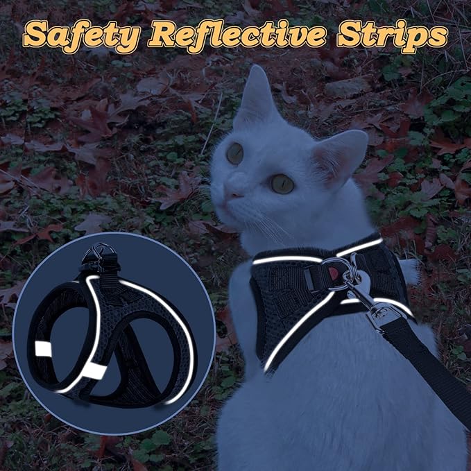 Cat Harness and Leash for Walking Escape Proof, Adjustable Kitten Vest Harness Reflective Soft Mesh Puppy Harness for Outdoor, Comfort Fit, Easy to Control (Black, S)