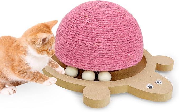 Fhiny Cats Scratching Ball, Natural Sisal Scratching Toy with Roller Track Toys and Wooden Base Kitten Turtle Shape Scratch Post for Indoor Cats Interactive Training Exercise Scratcher for Small Pets
