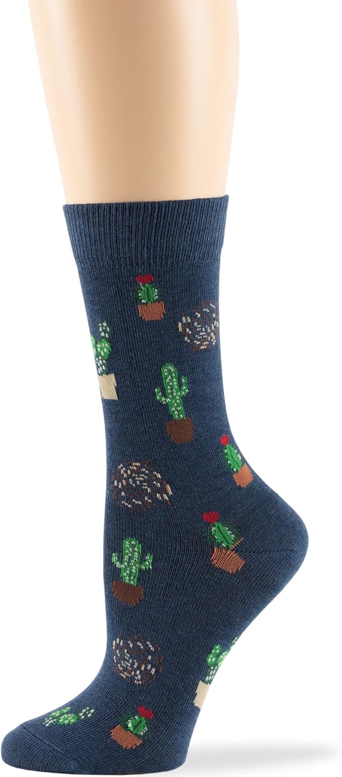 7BIGSTARS KINGDOM Womens Fun Cotton Crew Socks - 4 Pack L/M - Cactus Space Desert Coffee Fox Dog Hedgehog Puppy Flower Bird