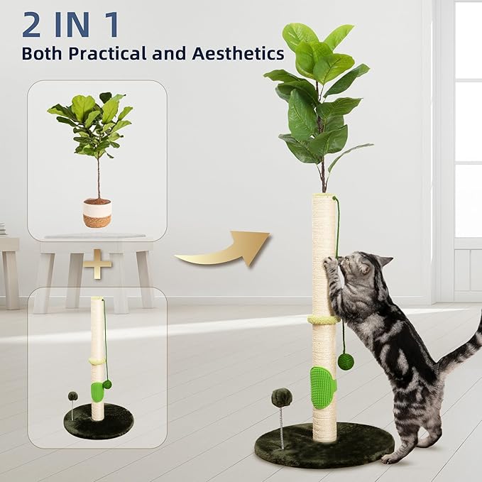 Cat Scratching Post 45 inch Tall Scratching Post with Sisal Rope for Indoor Cats, with Sisal Balls and Self-Grooming Rubber Brush