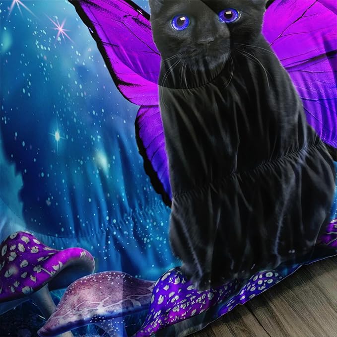 AILONEN Black Cat Comforter Set Twin Size, Butterfly Cat Bedding Set for Girls Boys,Blue Starry Moon Purple Mushroom Duvet Set 3 Pieces, 1 Quilt and 2 Pillowcases