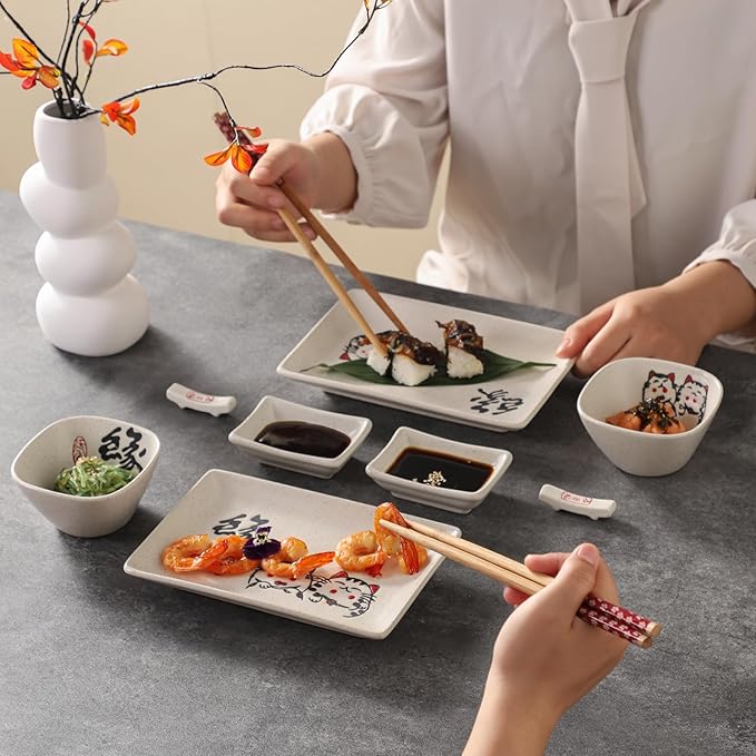 8 pcs Japanese Sushi Plate Sets Serving Platters and Trays for Entertaining Sushi Dishes Set Plates Sushi Plates Traditional Cuisine Dinnerware Sets with Chopsticks Cat