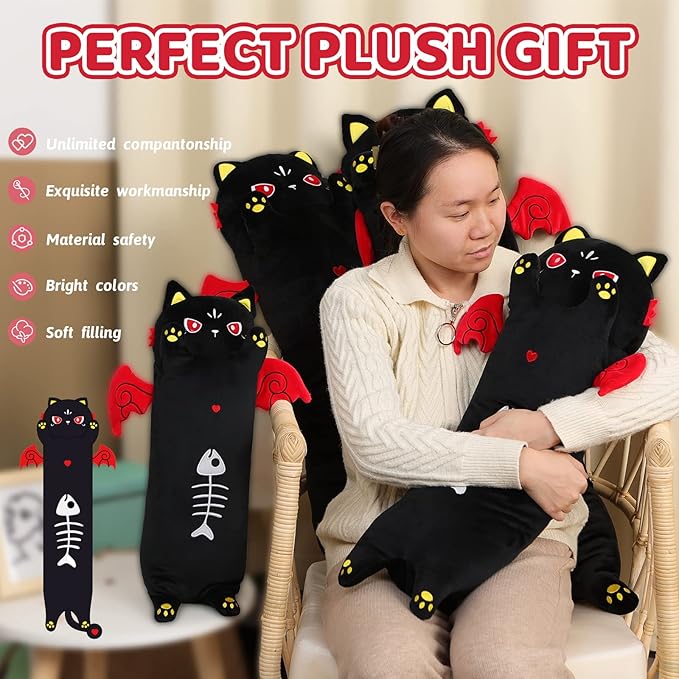AIXINI Long Cat Plush Pillow Luminous Light Up Black Cat Stuffed Animals, Soft Kawaii Kitten Plushies Pillow Toy for Kids (Luminous,27.5inch)