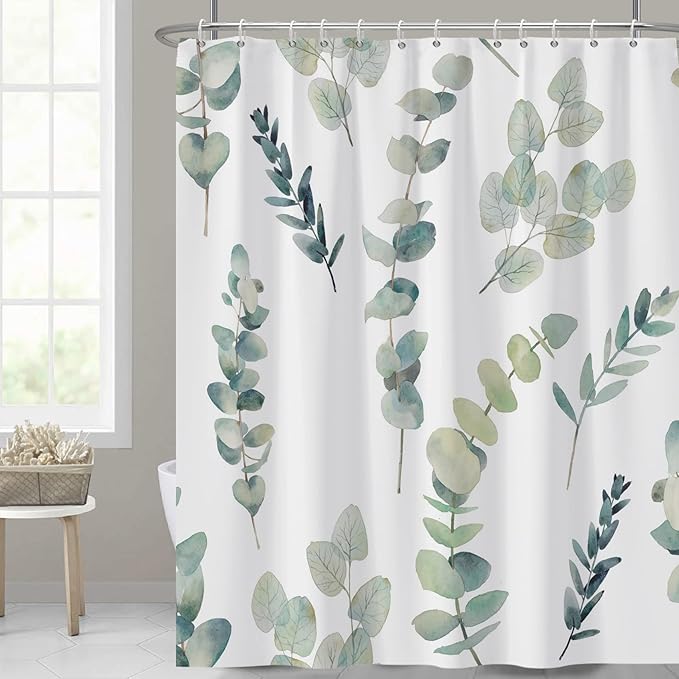 AWERT Shower Curtain Green Plants for Bathroom Waterproof Quick-Drying Eucalyptus Leaves Shower Curtain Set with Hooks 60x72 Inch