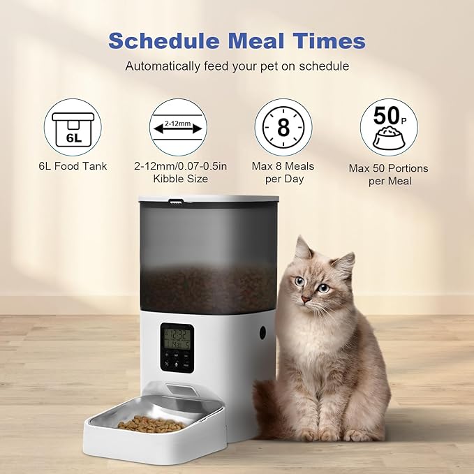 Automatic Cat Feeder, 6L Cat Food Dispenser with 10s Voice Recorder, Pet Feeder up to 8 Meals per Day, Timed Cat Feeder with Dry Food Sealed Ring (Jade White, 6L)