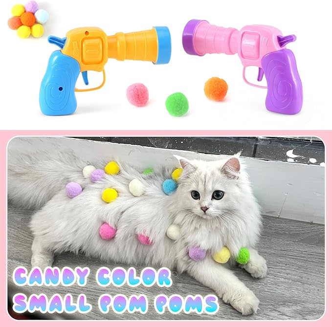 102Pcs Cat Ball Toy Launcher Gun，Cat Balls Fetch Toy - Includes 100 Colorful Plush Cat Balls and 2 Exciting Launchers Set，for Bored Indoor Adult Cats, Cute Kitten Kitty Toys