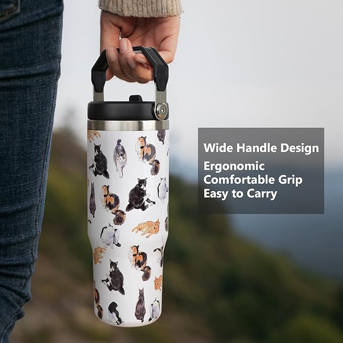 30oz Cat Tumbler with Handle and Straw, Stainless Steel Vacuum Insulated Flip Straw 30 oz Coffee Tumbler, Spill Proof Travel Mug, Cat Decor Gifts for Women