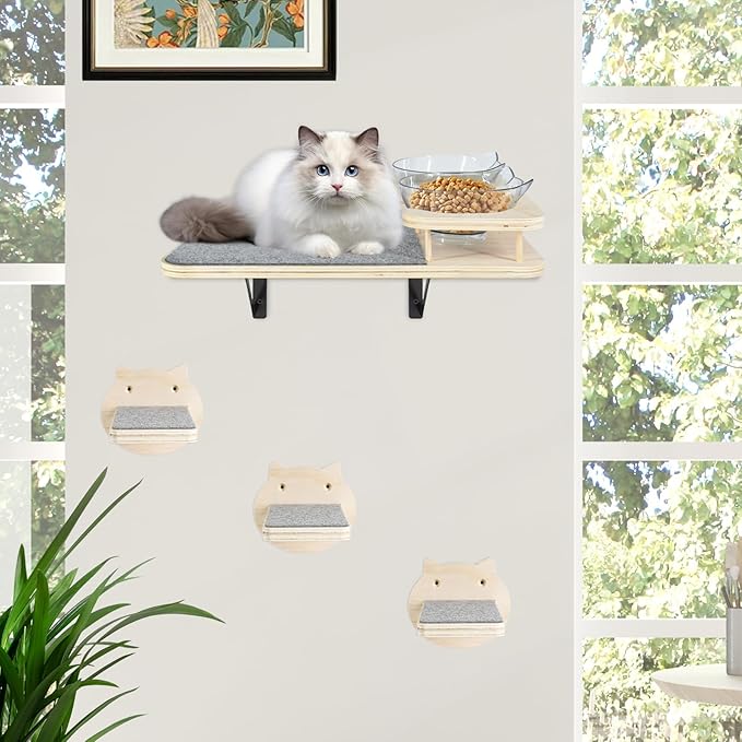 Cat Wall Shelves, Cat Shelves and Perches for Wall, Cat Shelves Wall Mount, Cat Wall Furniture with 3 Cat Wall Steps, Cat Climbing Shelf Cat Scratch Post, Cat Wall Shelf with 2 Cat Food Shelf