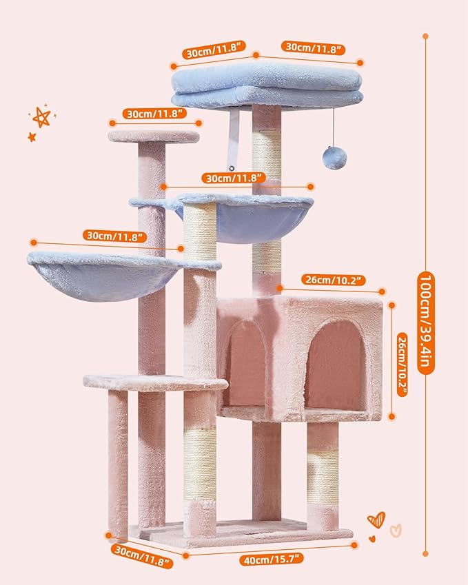Taoqimiao Cat Tree, 39.4-Inch Cat Tower for Indoor Cats,Suitable for Kittens,Plush Cat Condo with 5 Scratching Posts, Plush Perch,2 Hammock,Pompoms, MS019PB Pink and Blue