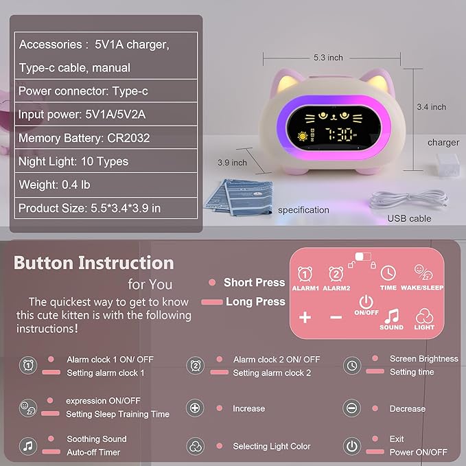 Alarm Clock for Kids, Sleep Training Clock for Girls With Dual Alarm, Eye Protection, Auto Off Timer, 10 Color Night Light, Cat Ok to Wake Clock
