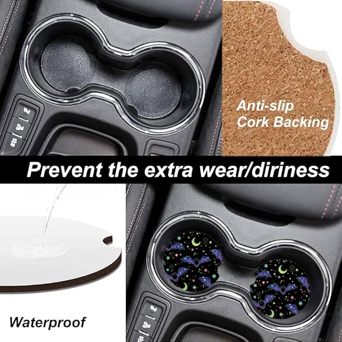 Absorbent Car Cupholder Coaster 2 Pack, Cute Car Coasters with a Finger Notch for Women & Men,2.56" Ceramic Stone & Non-Scratch Cork Base Drink Coasters, Cute Auto Accessories Gifts