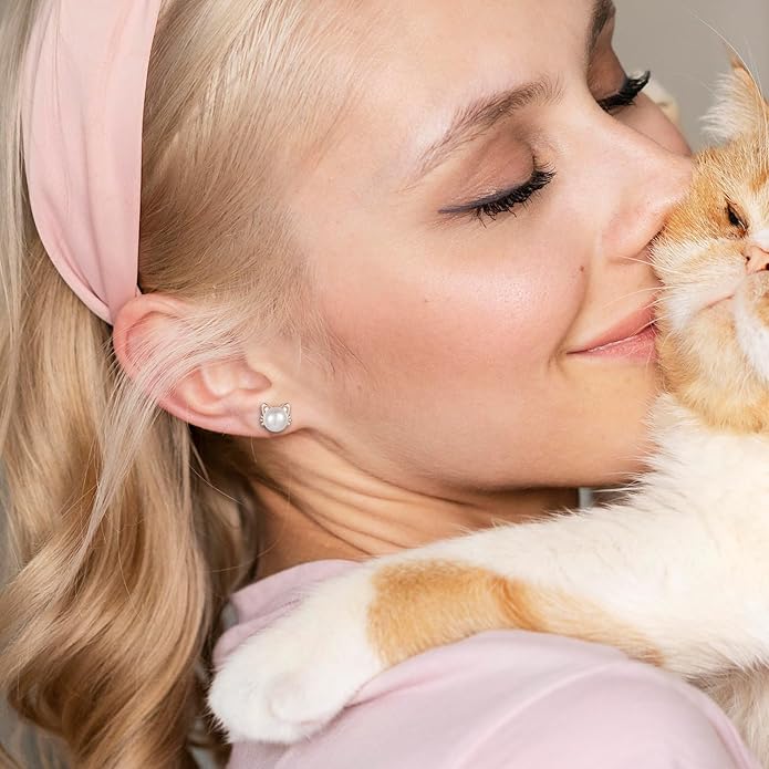 925 Sterling Silver Freshwater Pearl Cat Stud Earrings for Women, Cat CZ Studs Hypoallergenic Jewelry Gift