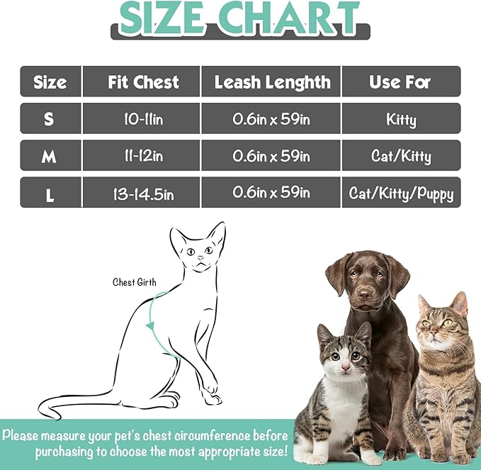 SCENEREAL Cat Harness and Leash Set Escape Proof, Adjustable Soft Air Mesh Cat Harnesses for Girls Boys, Reflective Light Cat Vest for Kitten Puppy Rabbit, Pet Vest Harnesses for Small Medium Big Cats