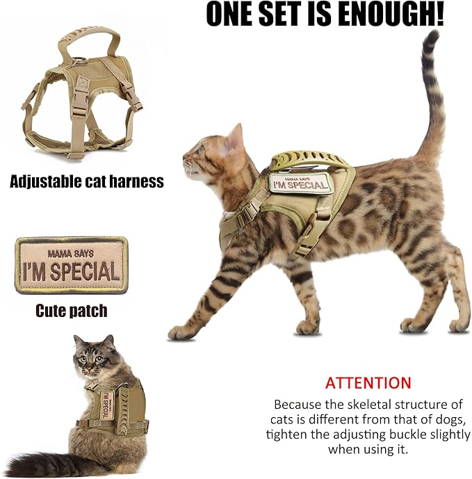 Tactical Cat Harness for Walking Escape Proof, Adjustable Pet Vest Harness, Soft Mesh with Control Handle for Large Cat Small Dog, Gift with Patch