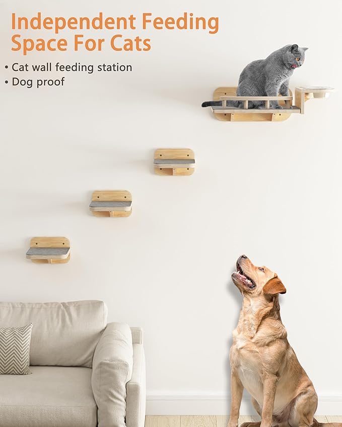 Meidok Cat Wall Furniture,Cat Wall Shelves,Dog Proof Cat Feeding Station with 3 Wide Wall Steps and 2pices 304 Stainless Steel Bowl Cat Feeding Shelf for Cats up to 25 Lbs - Wood Color