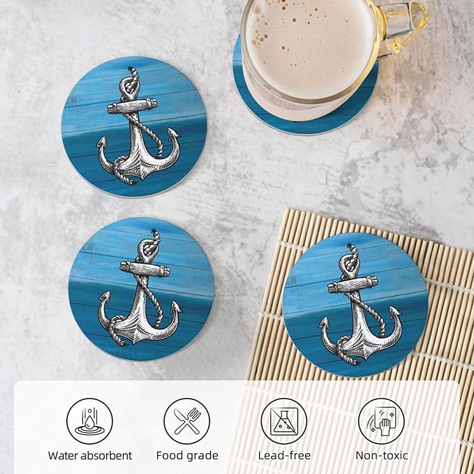 Anchor Coasters for Drinks, Set of 4, 4 Inch Wooden Background Absorbent Diatomite Ceramics Nautical Coasters for Coffee Table with Cork Base Tabletop Protection Suitable for Dining Desks Restaurants
