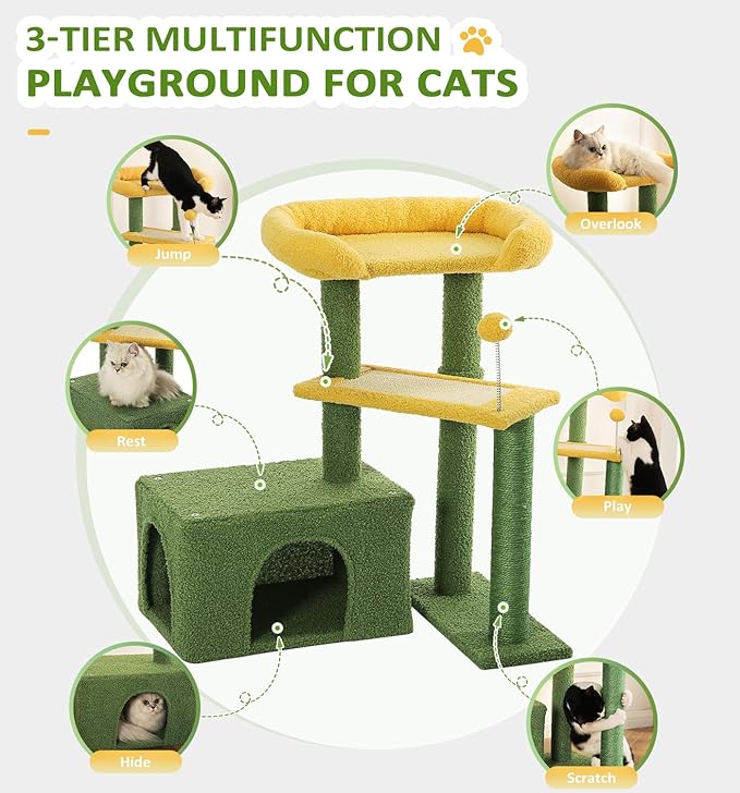 Made4Pets Cat Tree, Small Cat Tower for Indoors Cats, Cute Wood Kitty Condo with Scratching Post and Pad, 29" Multi-Level Modern Activity Climbing Furniture for Small and Medium Cats, Green