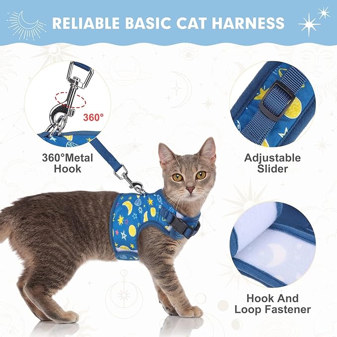 BINGPET Cat Harness with Leash Escape Proof - Fashionable Mesh Cat Dog Walking Harness Leads, Adjustable for Kitties Puppies Small Animals,Galaxy,S