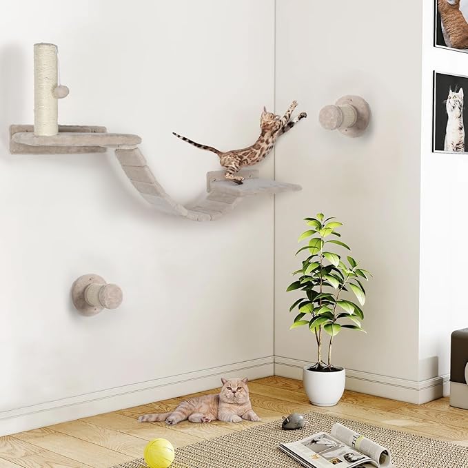 Cat Wall Shelves - 7 Pcs Luxury Wall-Mounted Cat Furniture Set, Including 2 Cat Wall Shelves, 2 Solid Wood Steps, 1 Cat Bridge Ladder, 1 Sisal Cat Scratcher Post, 1 Hanging Ball for Large Cats