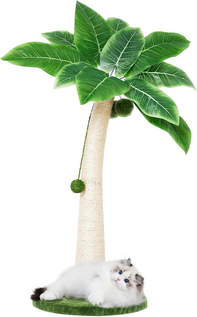 37 Inches Cat Scratching Post, Large Cat Scratching Post, Sisal Scratcher with 3 Hanging Pompoms for Indoor Cats (Short Round Base)