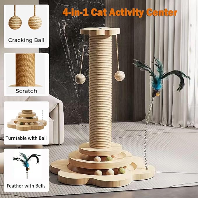 Cat Scratching Post Cat Scratcher Kitten Toys for Indoor Cats, 4-in-1 Interactive Trackball Toys with Cat Teaser 18.1" Tall Wooden Scratch Post Interactive Toy with Dangling Ball Cat Toy