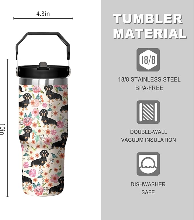 30 Oz Dachshund Tumbler with Handle and Straw, Coffee Mugs for Dog Lovers, Double Wall Stainless Steel Dog Mug, Dachshund Gifts for Women and Men