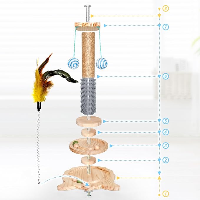 Cat Scratching Post, 6 in 1 Cat Scratcher for Indoor Cat, 18.11" Tall Cat Climbing Pole with Removable Cat Teaser, Interactive Cat Toy with Two Sisal Balls, Natural Sisal, Wood Base