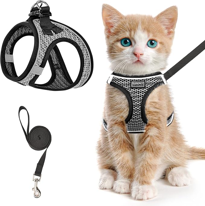 Cat Harness and Leash for Walking Escape Proof, Adjustable Kitten Vest Harness Reflective Soft Mesh Puppy Harness for Outdoor, Comfort Fit, Easy to Control (Grey, L)