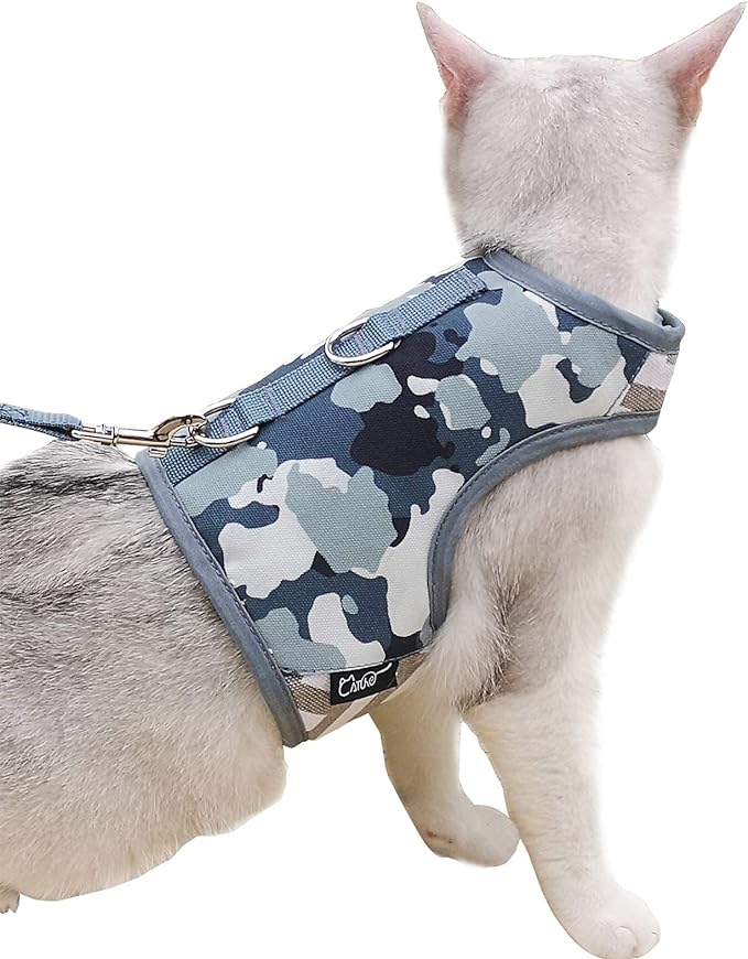 Cat Harness and Leash for Walking Escape Proof, Adjustable Cat Vest Harness, Padded Stylish Cat Walking Jackets, Grey Camo, Large