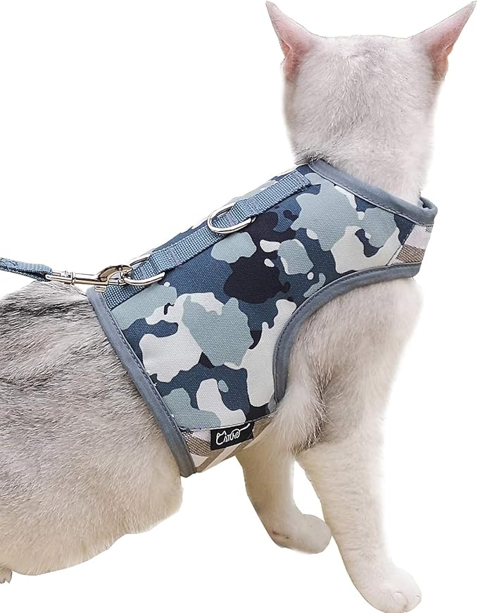 Cat Harness and Leash for Walking Escape Proof, Adjustable Cat Vest Harness, Padded Stylish Cat Walking Jackets, Grey Camo, Extra Large