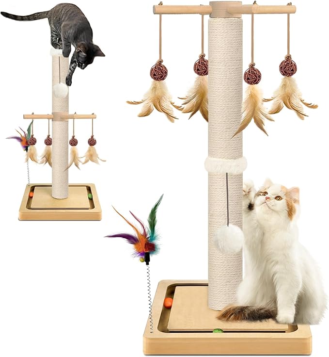 Cat Scratching Post, Sisal Scratching Posts for Indoor Cats Adults with Hanging Ball and Interactive Toys, 2 Mounting Methods Cat Scratcher for Kitten Cats, 25 inches
