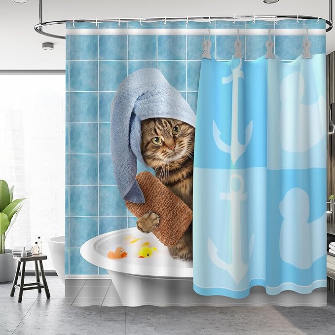 Aimego Extra Long Shower Curtain - Funny Bathing Cat Cute Kitten Taking Shower with Rubber Ducks Fabric Cloth Shower Curtain Set with 12 Hooks for Bathroom Decor Accessories Bathtub Curtain, 72"x84"