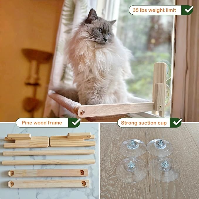 Foldable Cat Window Perch, 16.5 inches*12 inches Window Hammock for Cats, 35 lbs Weight Limit, Pine Wood Material Cat Window Hammock for Small Size Window
